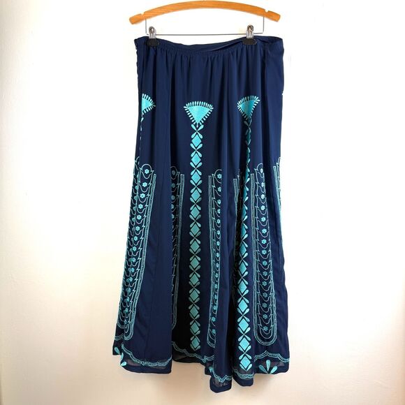 Soft Surroundings Maxi Skirt Embroidered Beaded Navy Festival Boho Hippie Size L - Picture 1 of 12